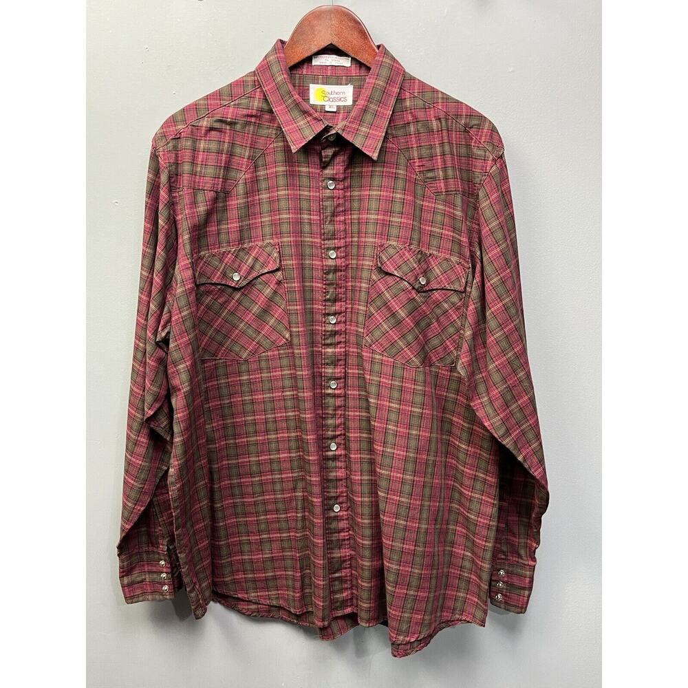 Southern Classics Shirt Mens Extra Large XL Long Sleeve Pearl Snap Red Plaid